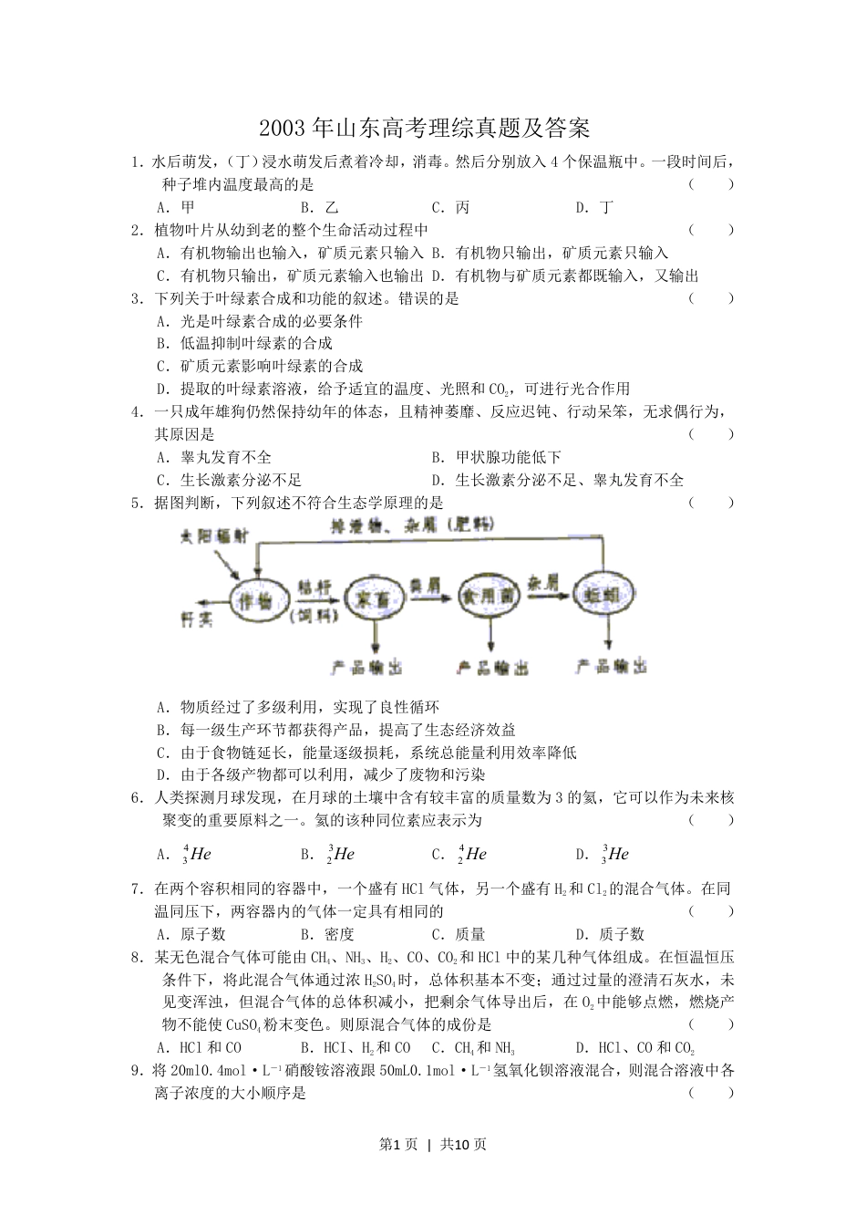 2003年山东高考理综真题及答案.pdf_第1页