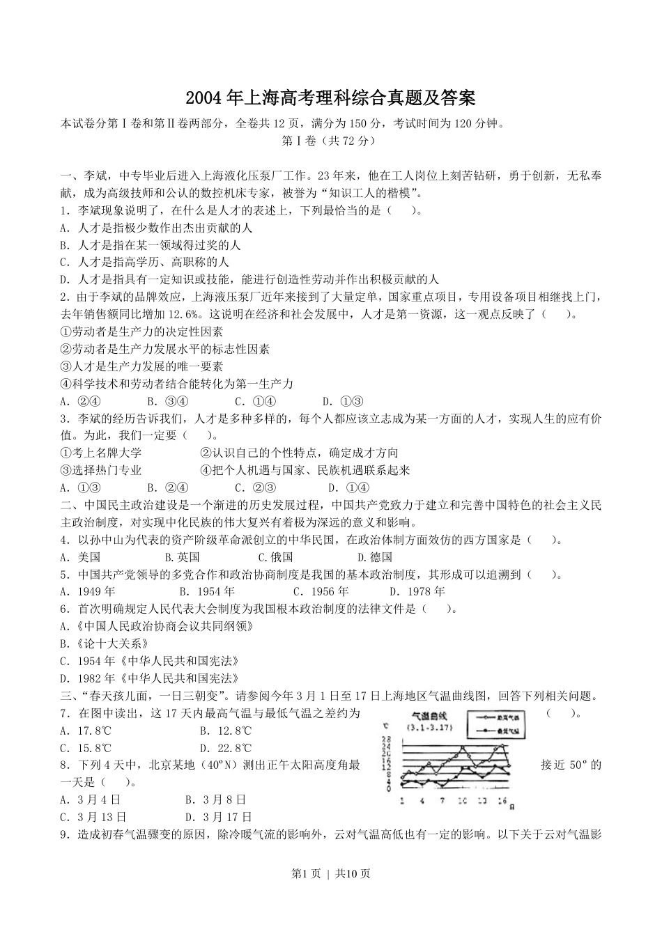 2004年上海高考理科综合真题及答案.pdf_第1页