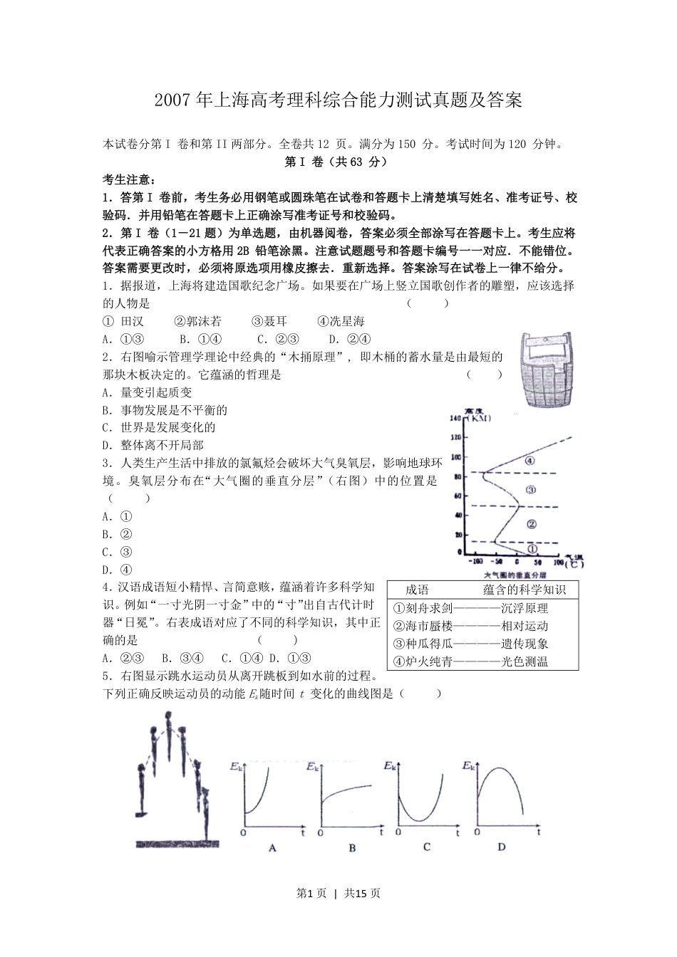 2007年上海高考理科综合能力测试真题及答案.pdf_第1页