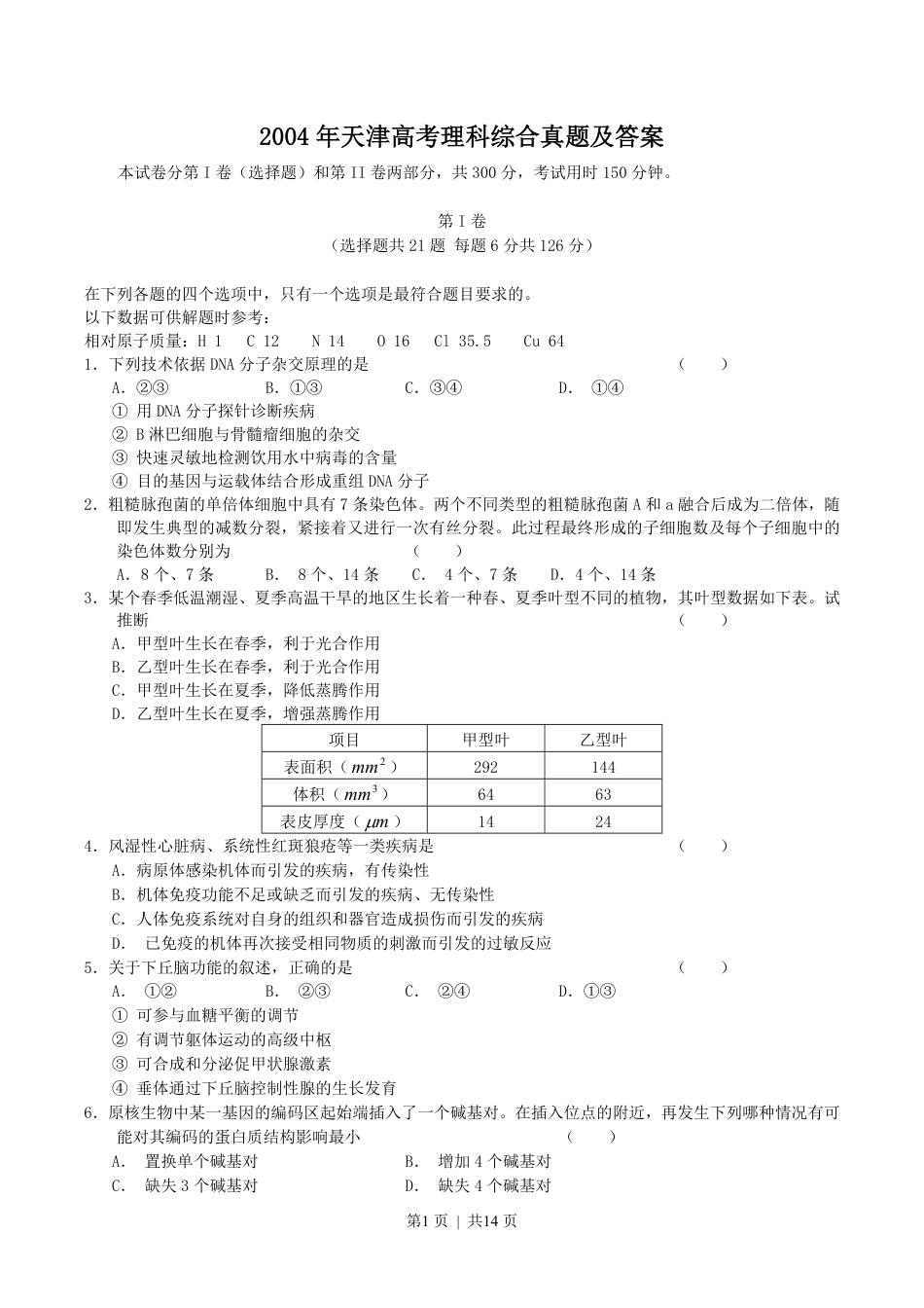 2004年天津高考理科综合真题及答案.pdf_第1页