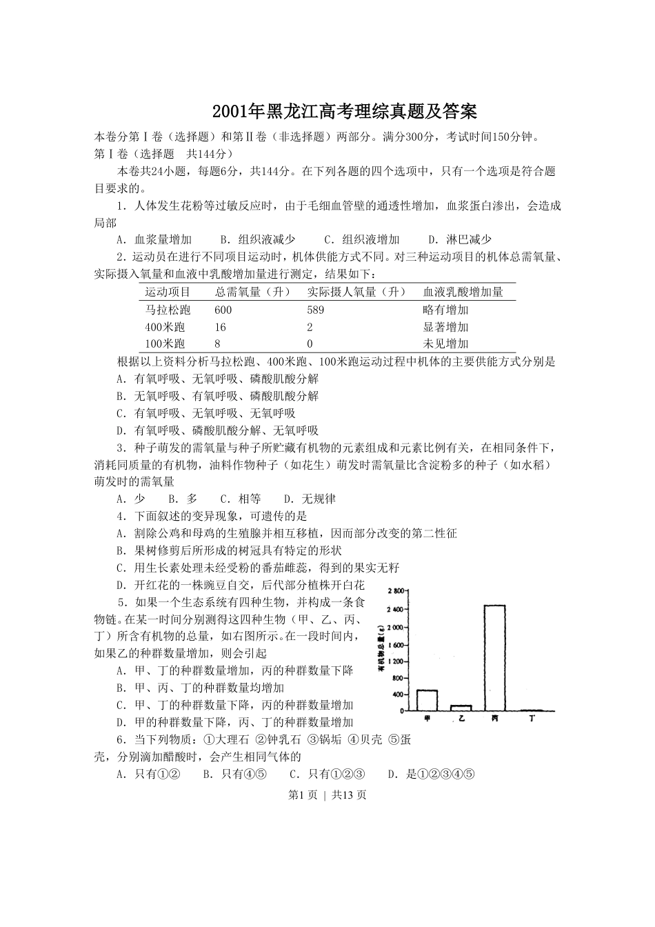 2001年黑龙江高考理综真题及答案.pdf_第1页