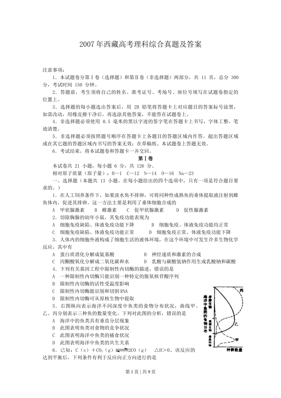 2007年西藏高考理科综合真题及答案.doc_第1页