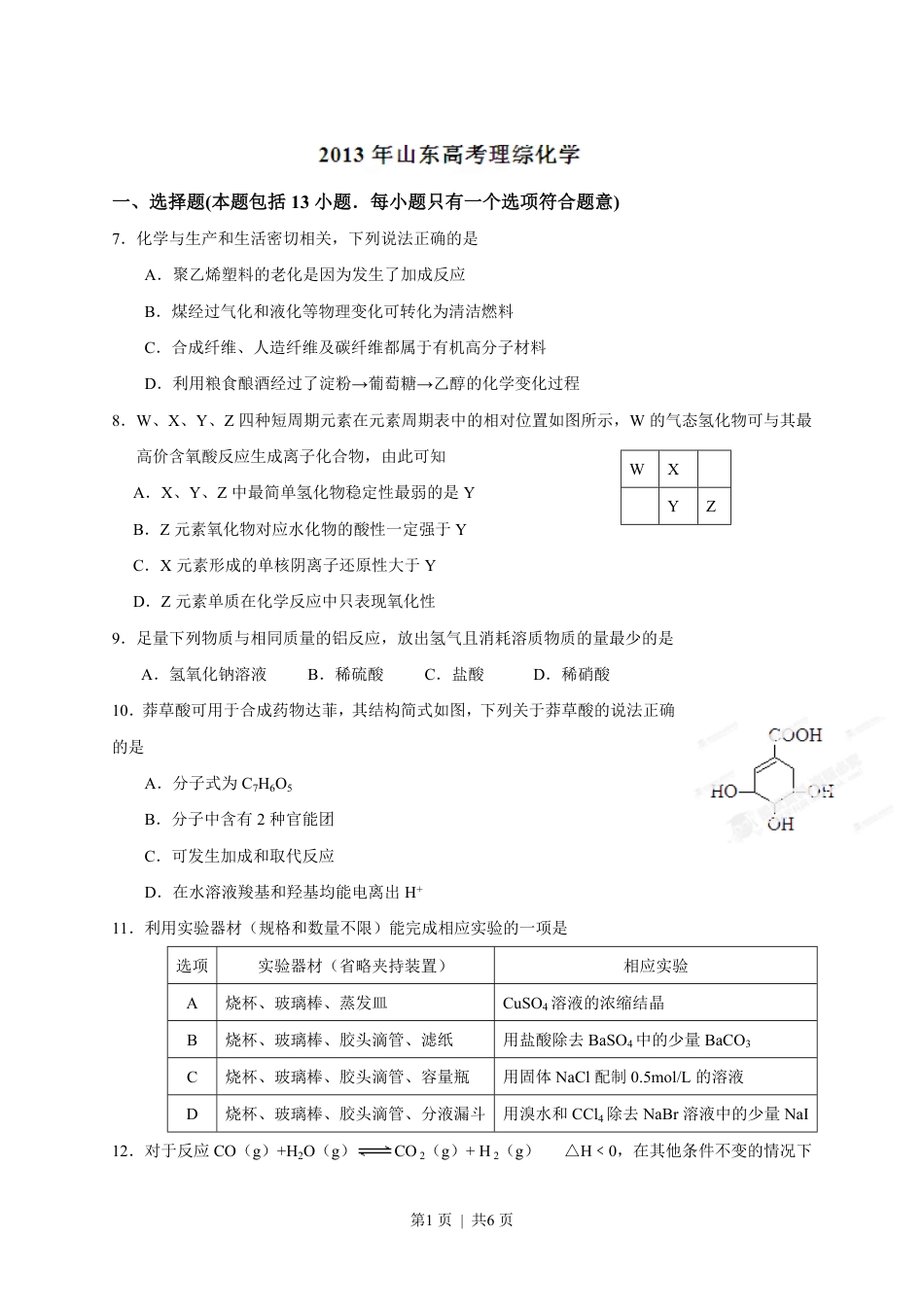 2013年高考化学试卷（山东）（空白卷）.pdf_第1页