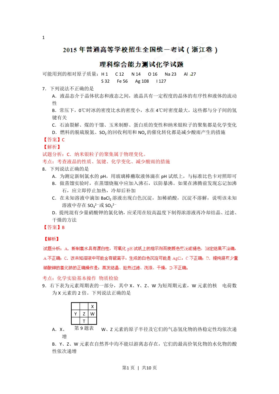 2015年高考化学试卷（浙江）（6月）（解析卷）.pdf_第1页