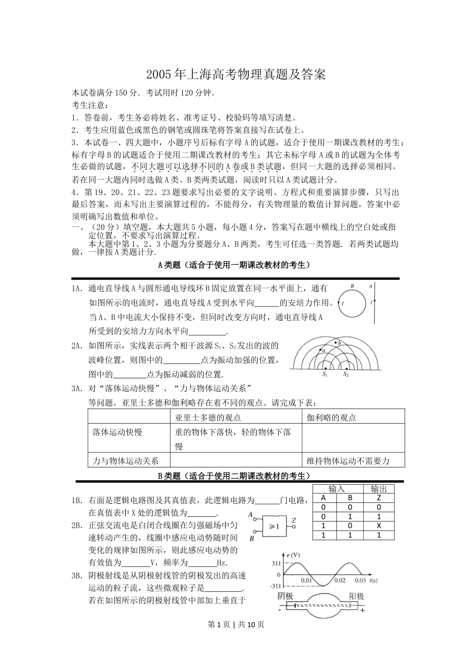 2005年上海高考物理真题及答案.doc_第1页