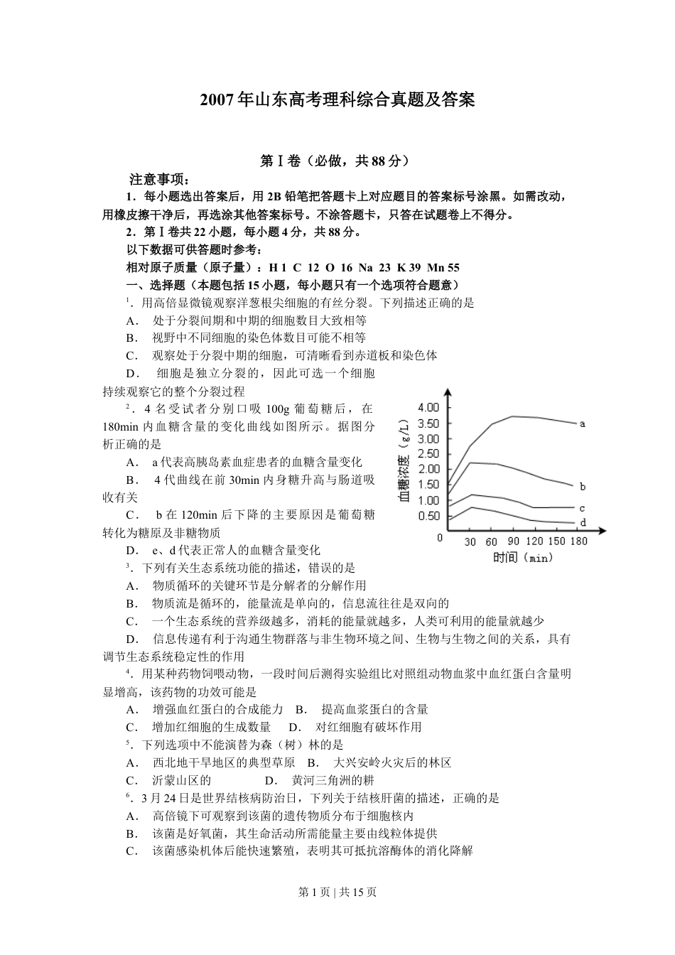 2007年山东高考理科综合真题及答案.doc_第1页