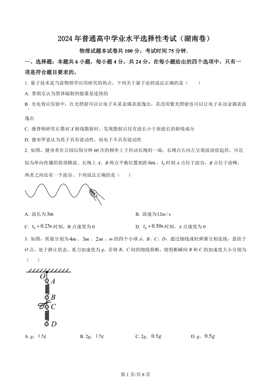 2024年高考物理试卷（湖南）（空白卷）.pdf_第1页