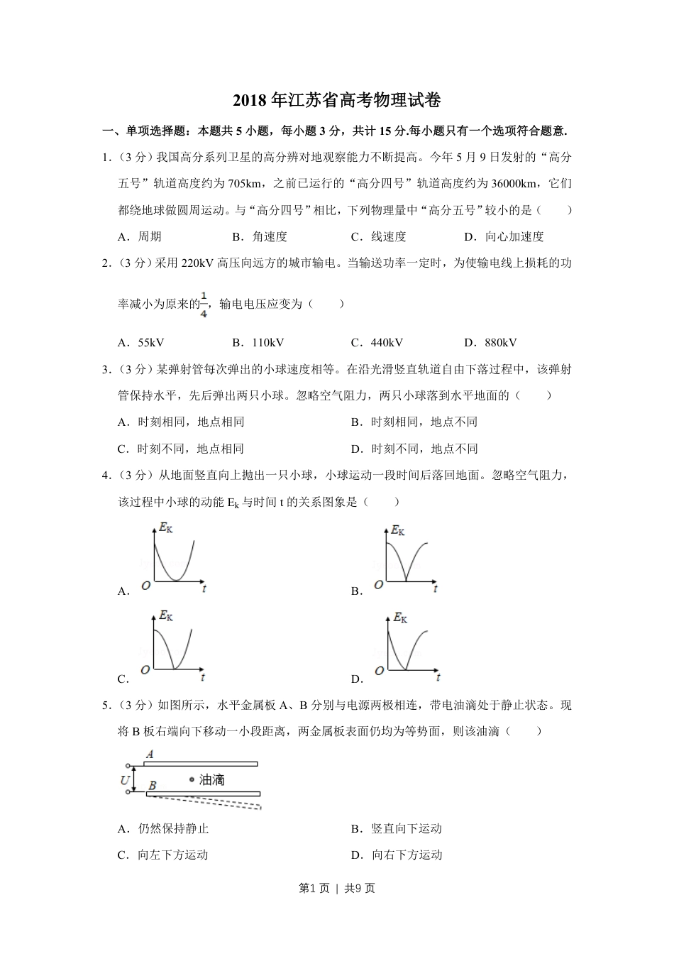 2018年高考物理试卷（江苏）（空白卷）.pdf_第1页