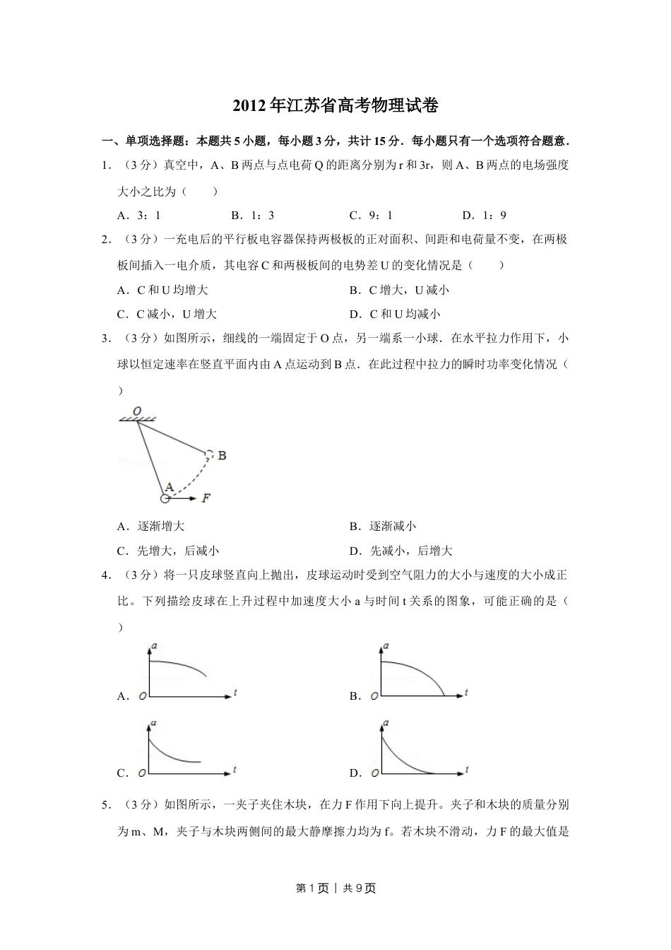 2012年高考物理试卷（江苏）（空白卷）.doc_第1页