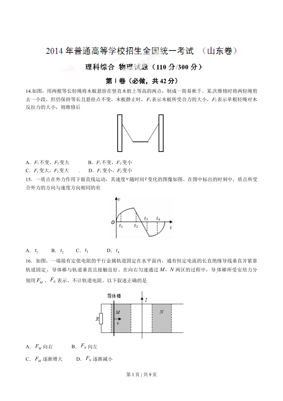 2014年高考物理试卷（山东）（空白卷）.doc_第1页