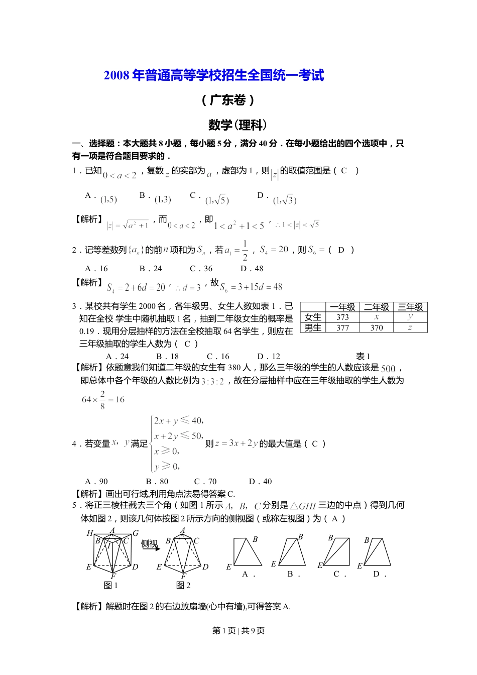 2008年高考数学试卷（理）（广东）（解析卷）.doc_第1页