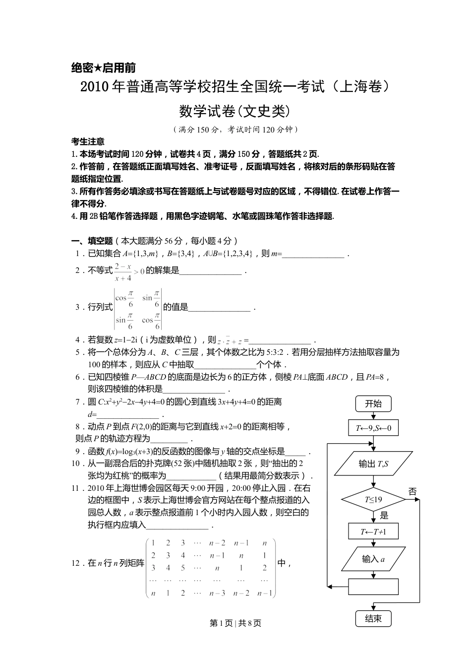 2010年高考数学试卷（文）（上海）（空白卷）.doc_第1页