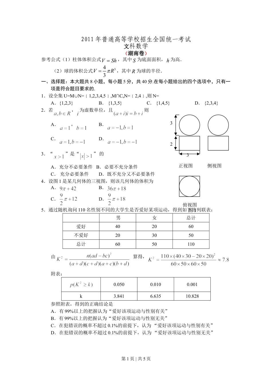 2011年高考数学试卷（文）（湖南）（空白卷）.doc_第1页