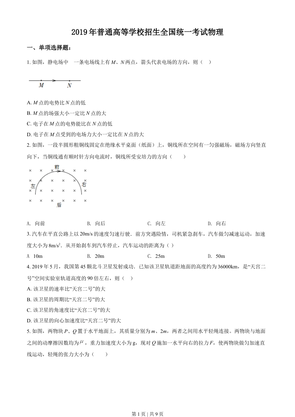 2019年高考物理试卷（海南）（空白卷）.doc_第1页