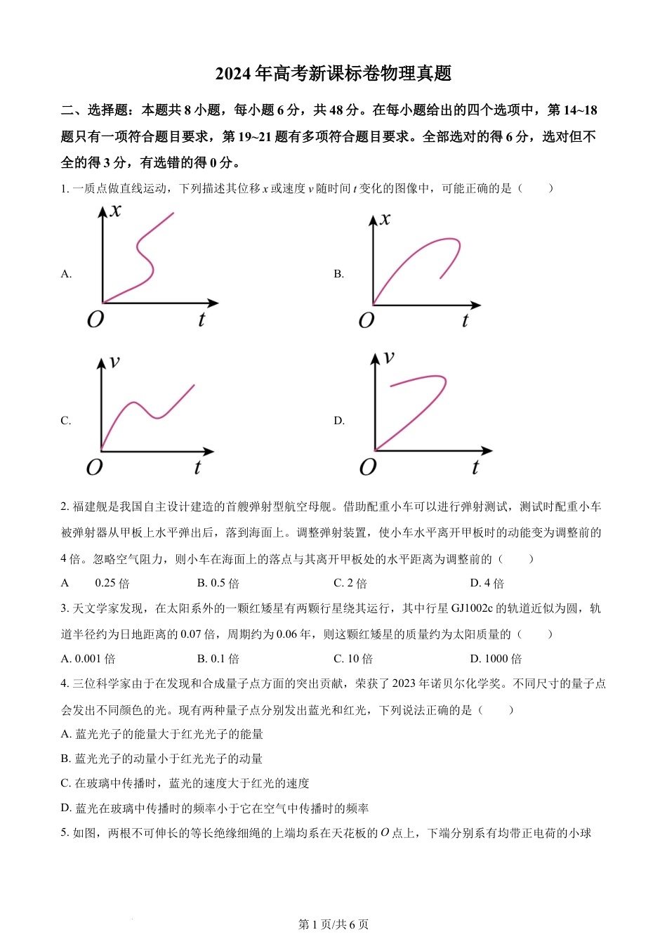 2024年高考物理试卷（新课标）（空白卷）.docx_第1页