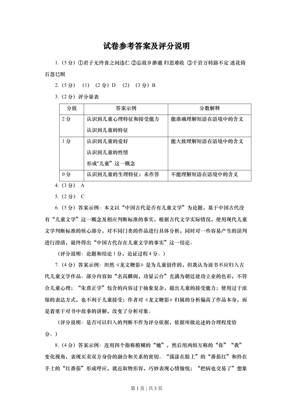 2020年高考语文试卷（上海）（秋考）（答案卷）.doc_第1页