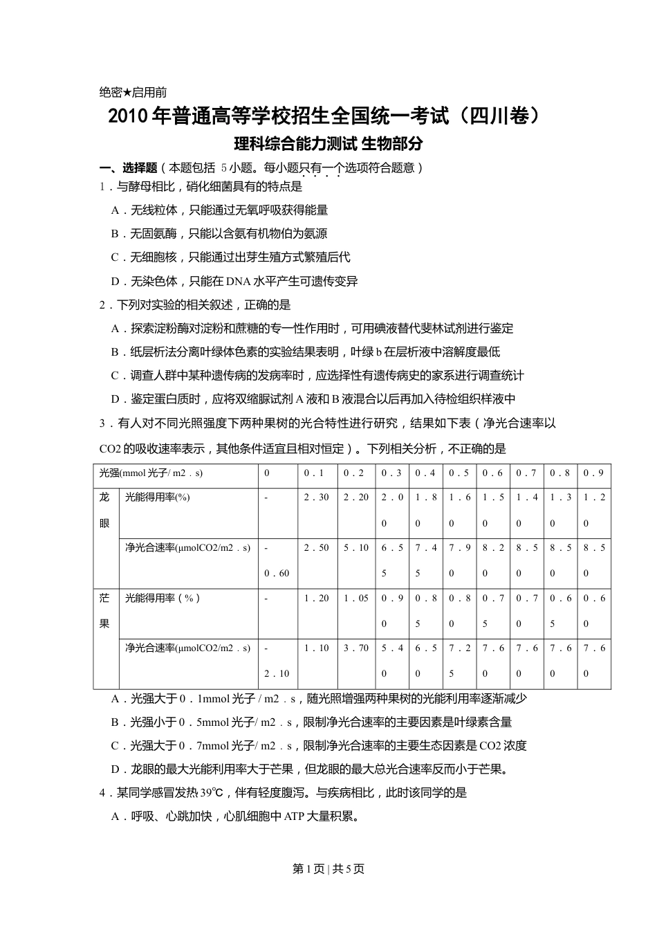 2010年高考生物试卷（四川）（解析卷）.doc_第1页