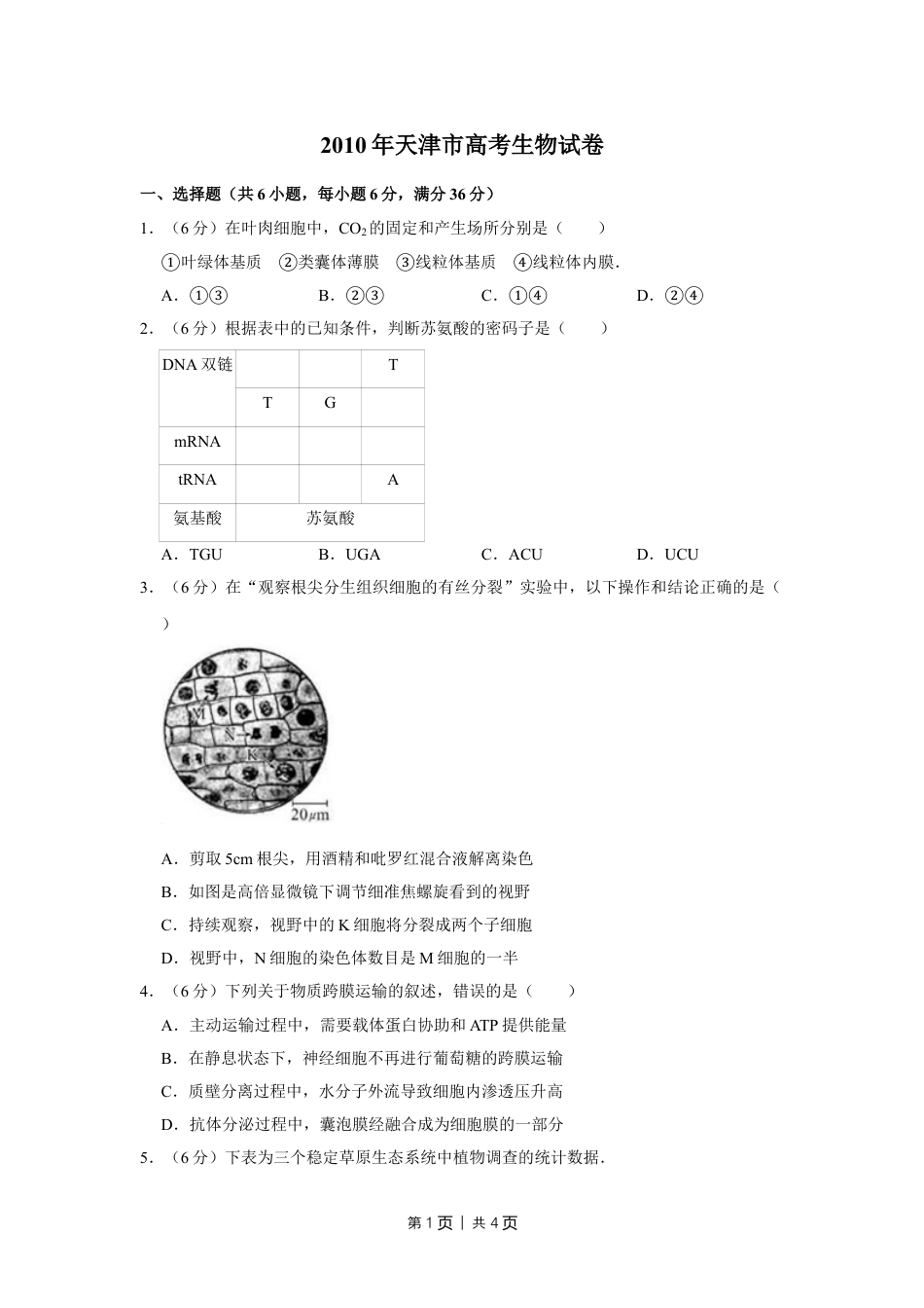 2010年高考生物试卷（天津）（空白卷）.doc_第1页