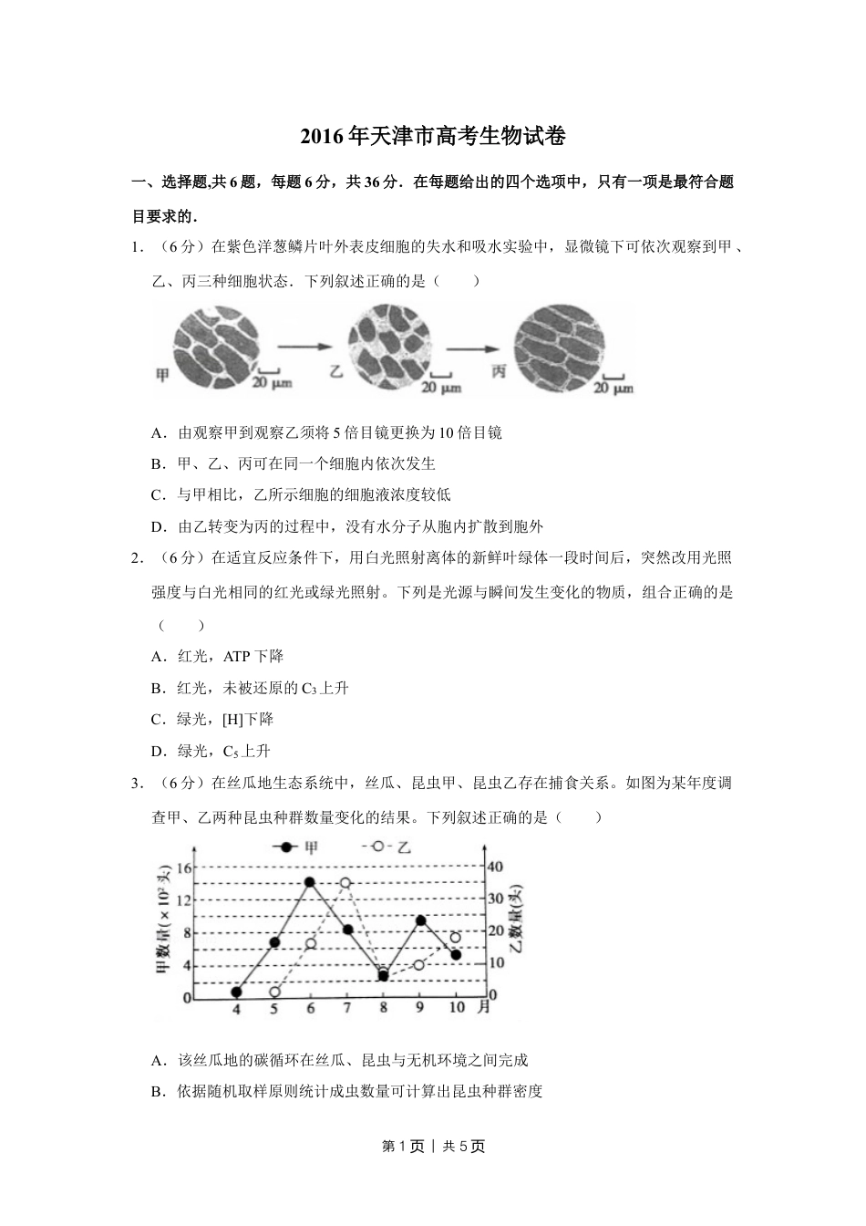 2016年高考生物试卷（天津）（空白卷）.doc_第1页