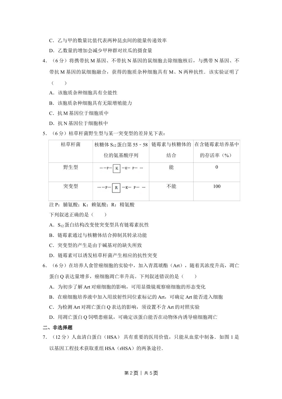 2016年高考生物试卷（天津）（空白卷）.doc_第2页