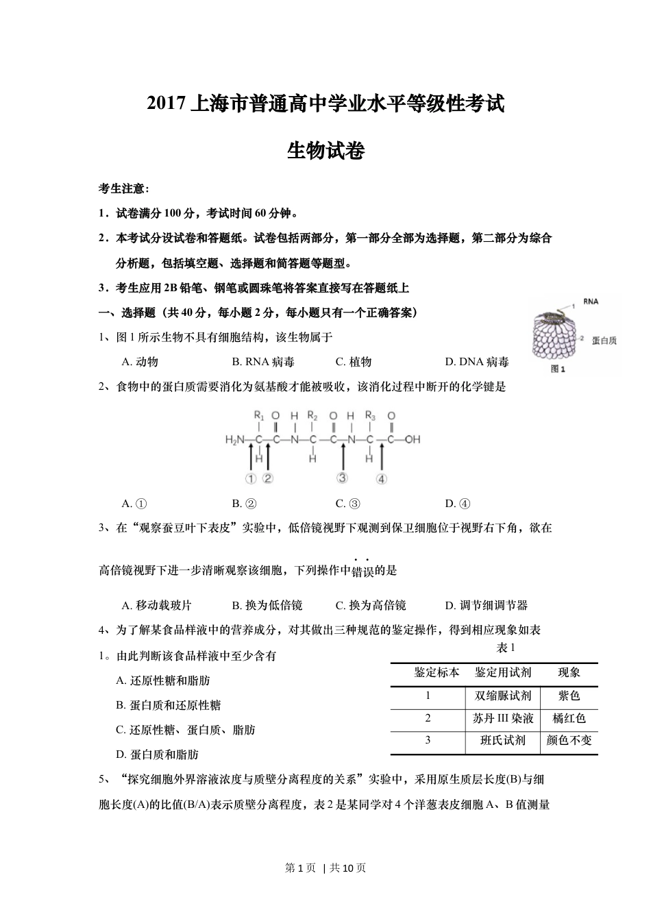 2017年高考生物试卷（上海）（空白卷）.docx_第1页