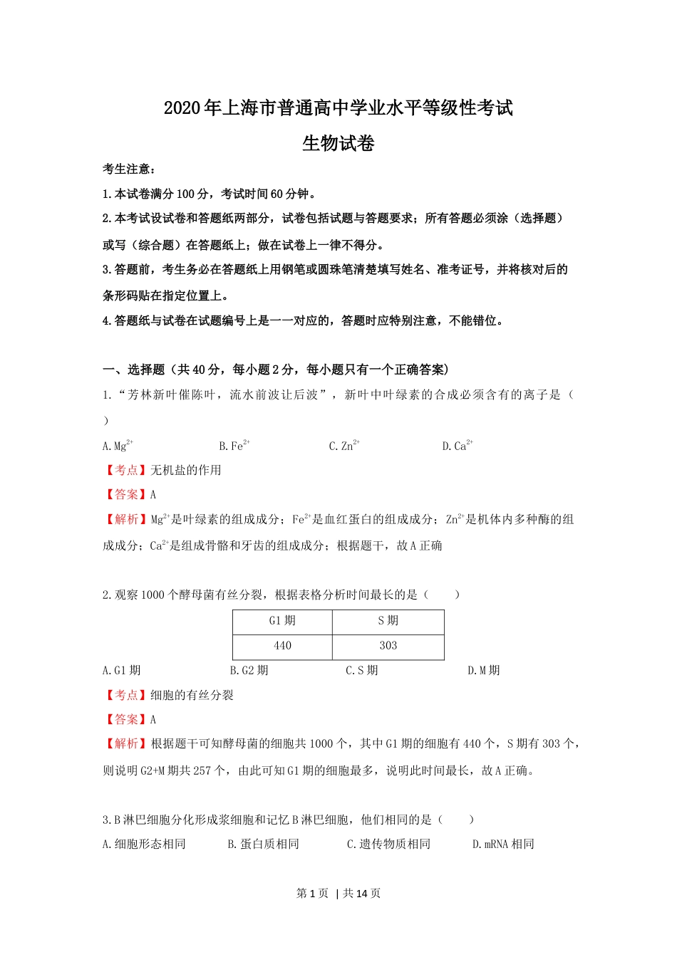 2020年高考生物试卷（上海）（解析卷）.docx_第1页