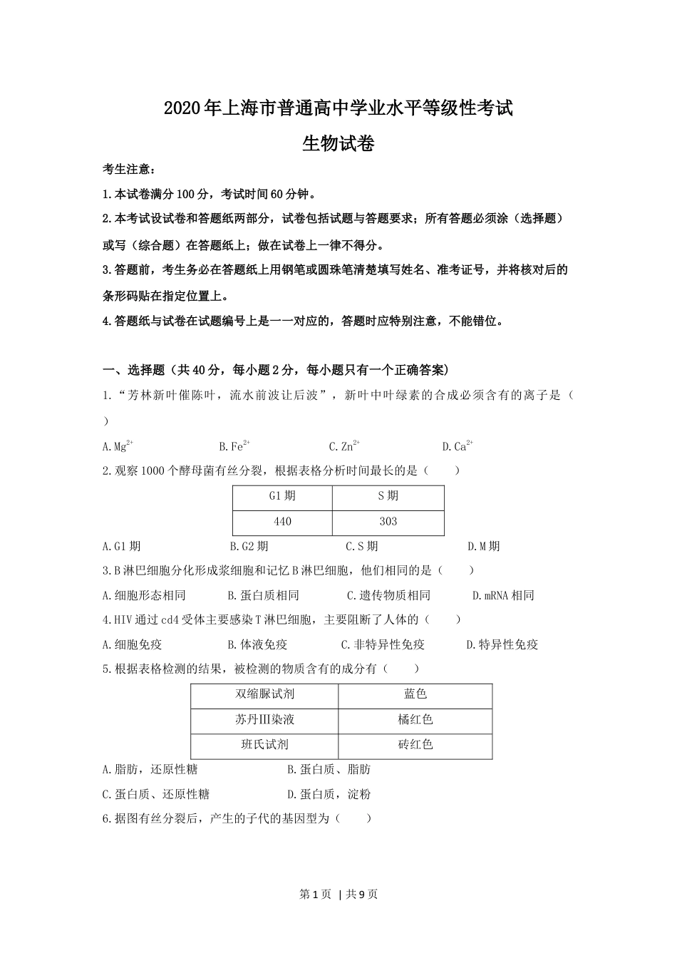 2020年高考生物试卷（上海）（空白卷）.docx_第1页