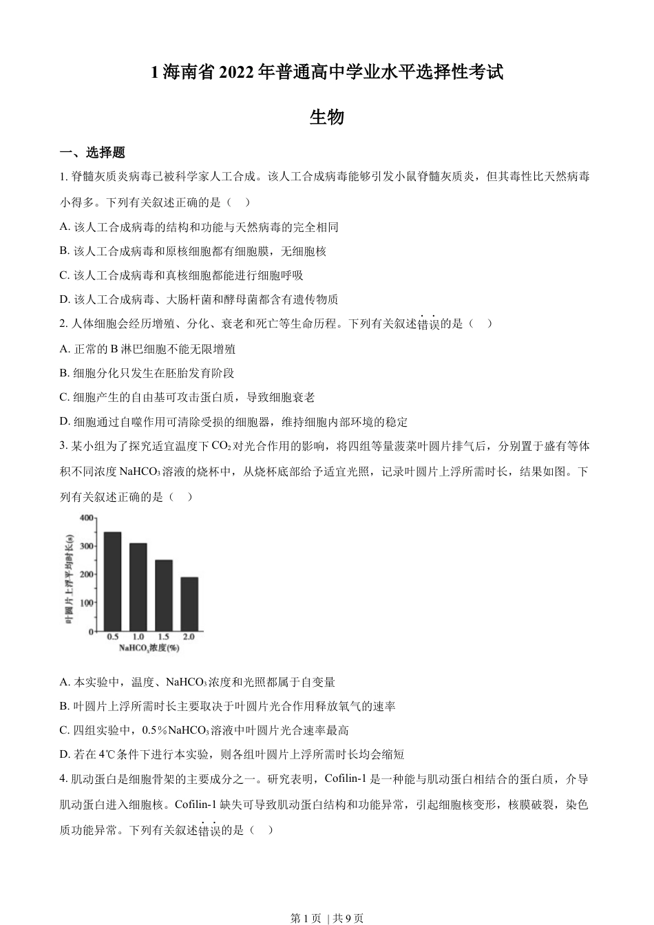 2022年高考生物真题（海南）（空白卷）.docx_第1页