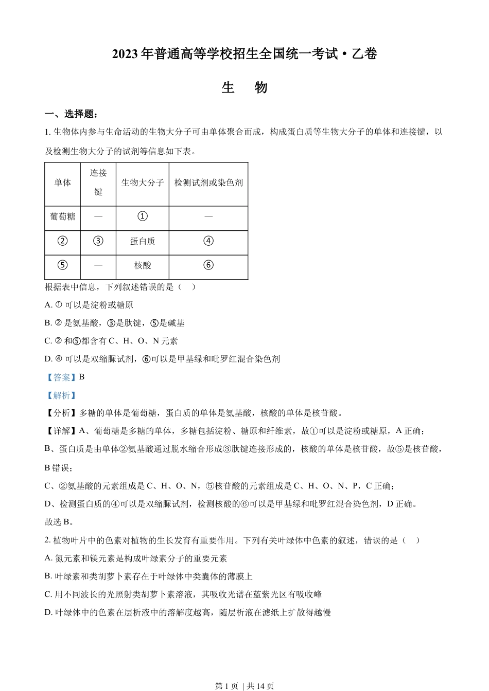 2023年高考生物试卷（全国乙卷）（解析卷）.docx_第1页