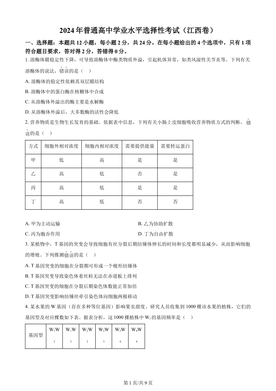 2024年高考生物试卷（江西）（空白卷）.docx_第1页