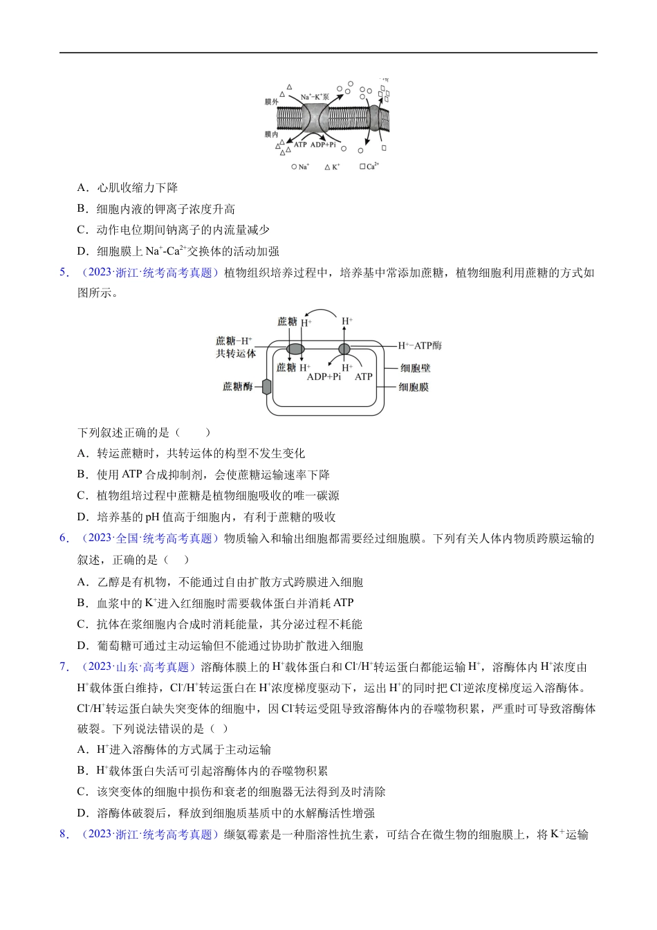 专题03 物质运输 -五年（2019-2023）高考生物真题分项汇编（全国通用）（原卷版）.docx_第2页