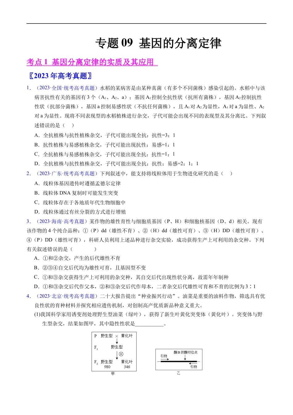 专题09 基因的分离定律-五年（2019-2023）高考生物真题分项汇编（全国通用）（原卷版）.docx_第1页