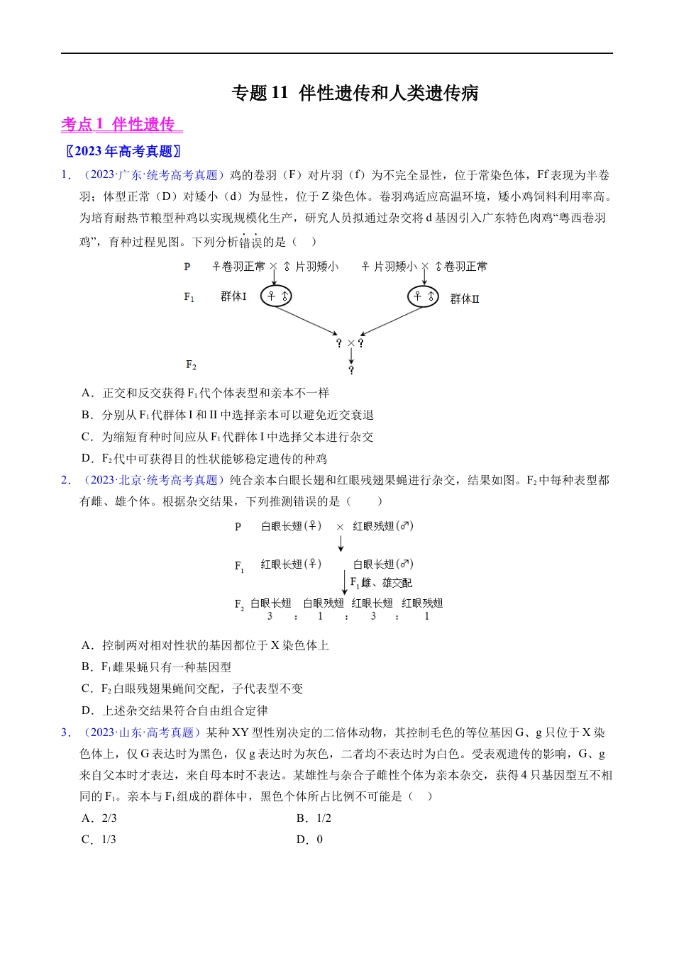 专题11  伴性遗传和人类遗传病- 五年（2019-2023）高考生物真题分项汇编（全国通用）（原卷版）.docx_第1页