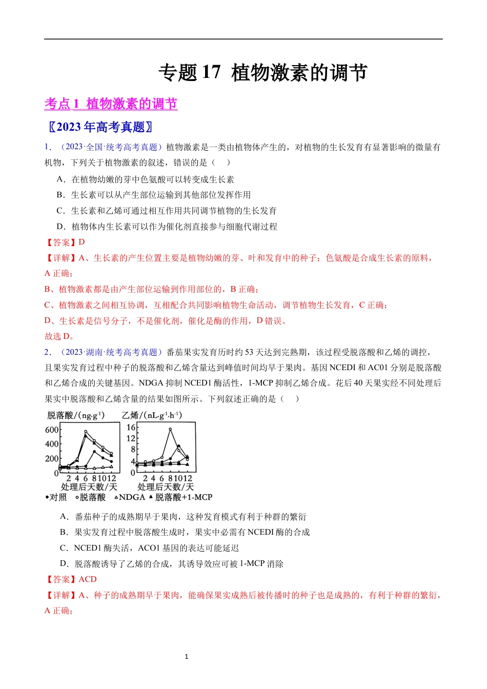 专题17 植物激素的调节- 五年（2019-2023）高考生物真题分项汇编（全国通用）（解析版）.docx_第1页