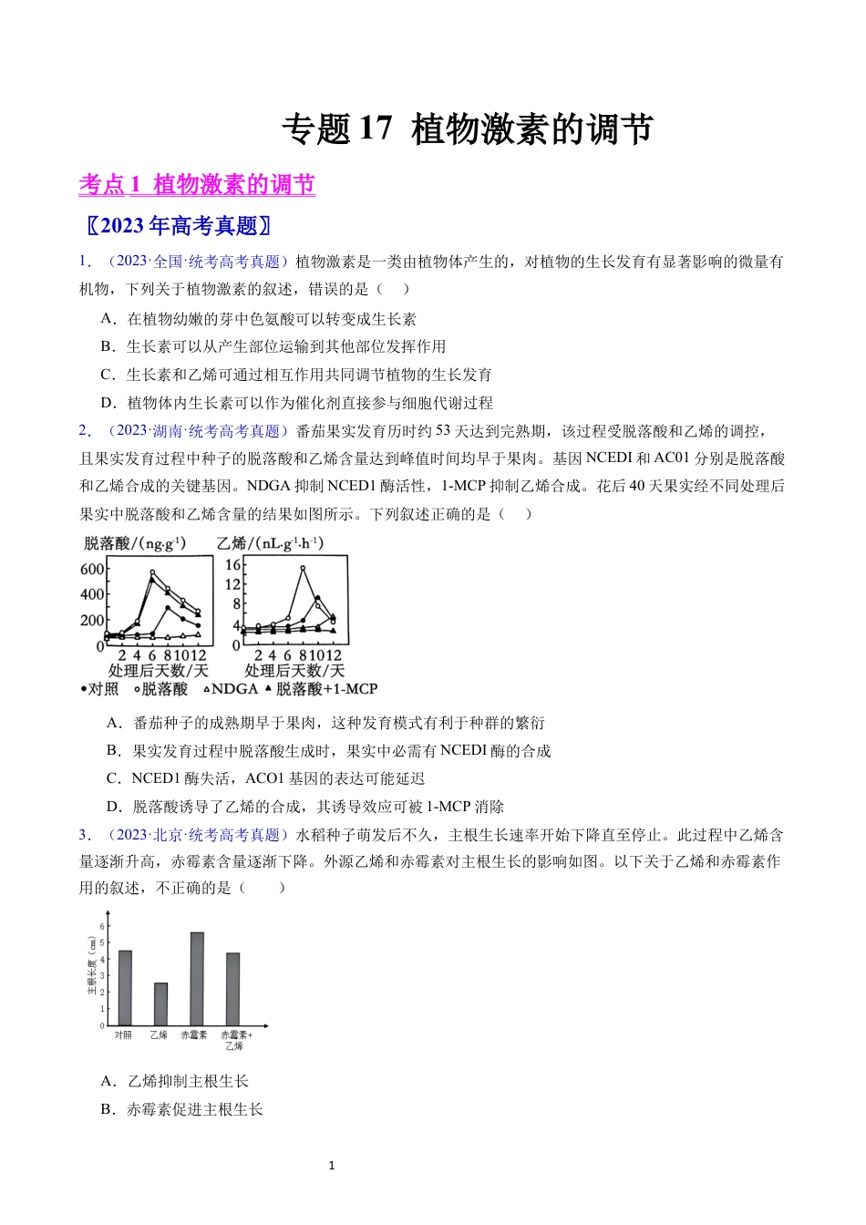 专题17 植物激素的调节- 五年（2019-2023）高考生物真题分项汇编（全国通用）（原卷版）.docx_第1页