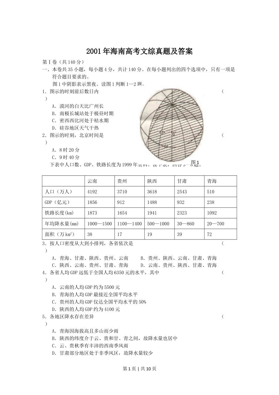 2001年海南高考文综真题及答案.doc_第1页