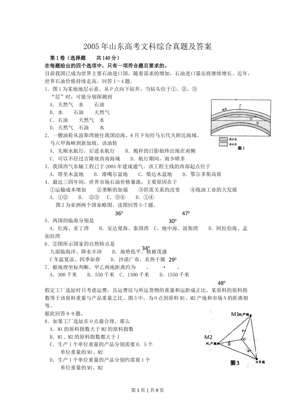 2005年山东高考文科综合真题及答案.doc_第1页