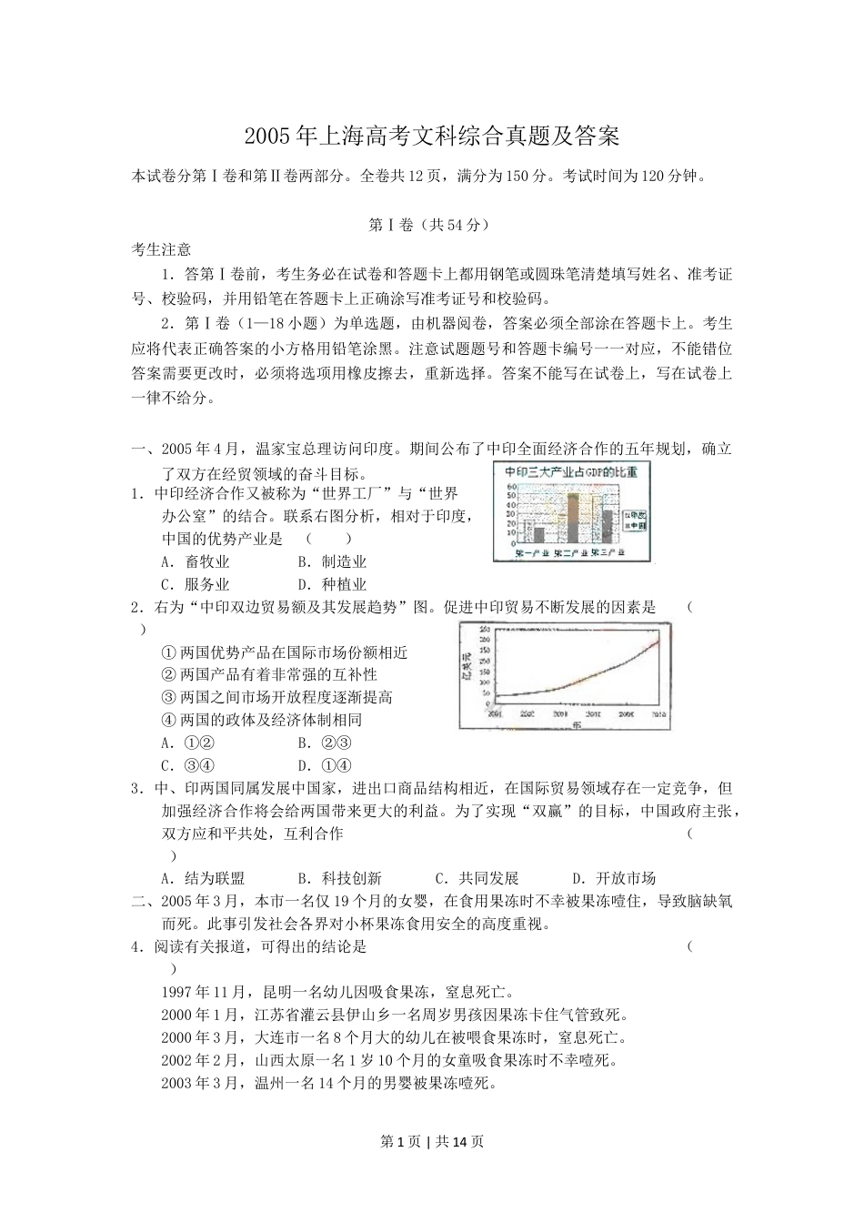 2005年上海高考文科综合真题及答案.doc_第1页