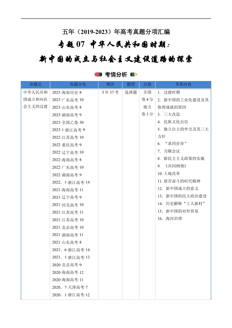 专题07 中华人民共和国时期：新中国的成立与社会主义建设道路的探索（解析版）.docx_第1页