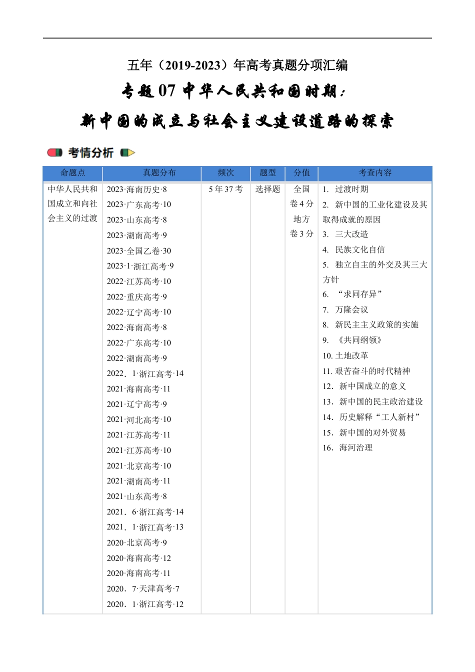 专题07 中华人民共和国时期：新中国的成立与社会主义建设道路的探索（原卷版）.docx_第1页