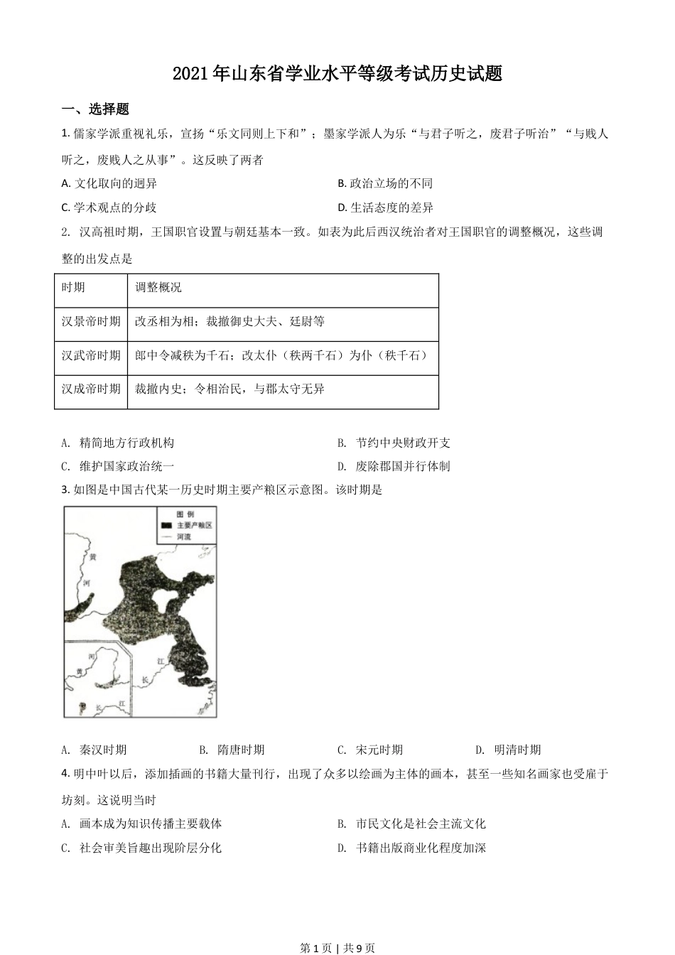 2021年高考历史试卷（山东）（空白卷）.doc_第1页