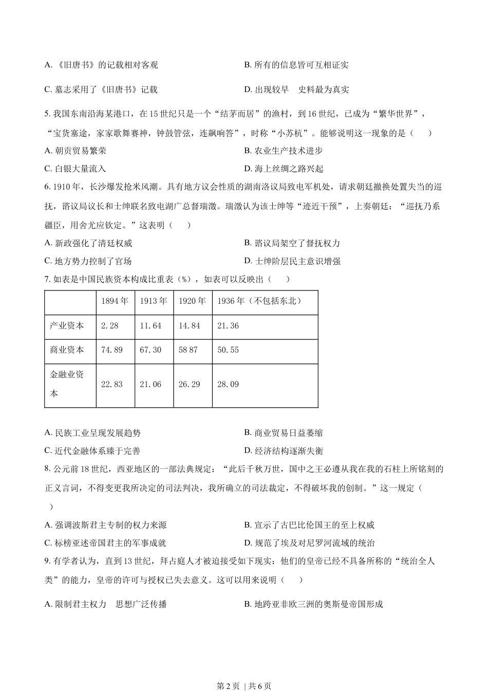 2023年高考历史试卷（新课标）（空白卷）.docx_第2页