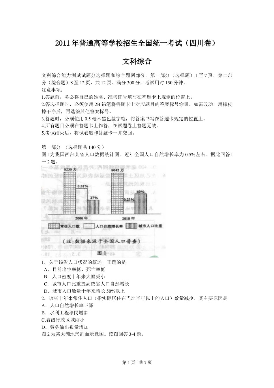 2011年高考地理试卷（四川）（空白卷）.doc_第1页