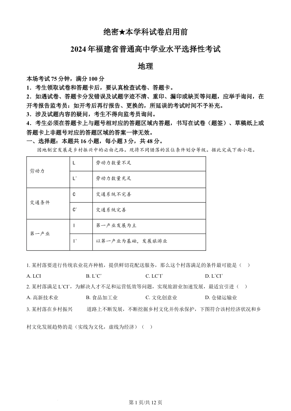 2024年高考地理试卷（福建）（解析卷）.docx_第1页