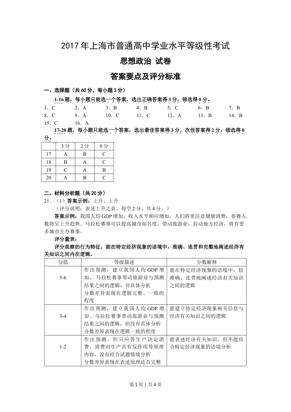 2017年高考政治试卷（上海）（答案）.doc_第1页