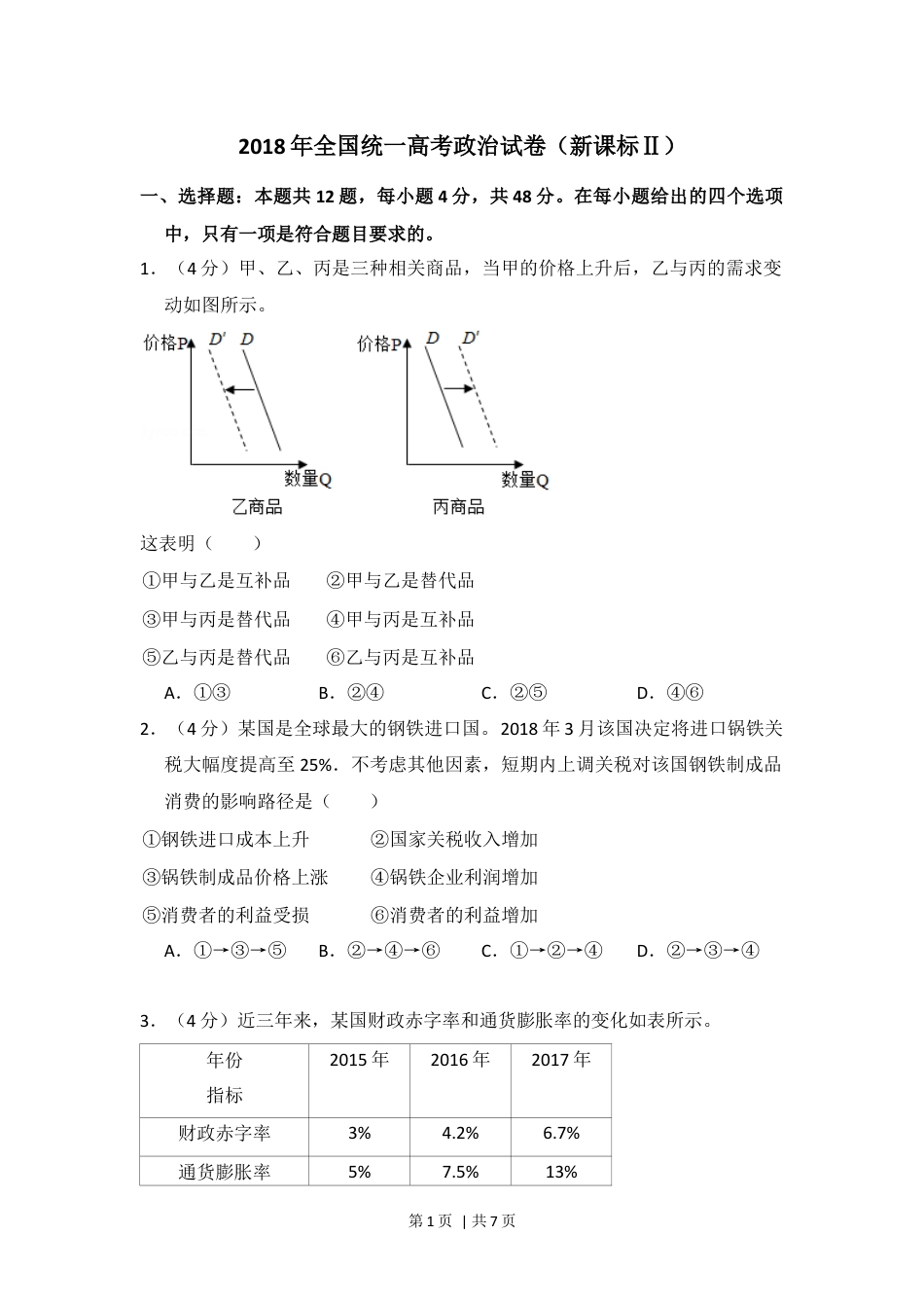 2018年高考政治试卷（新课标Ⅱ）（空白卷）.docx_第1页