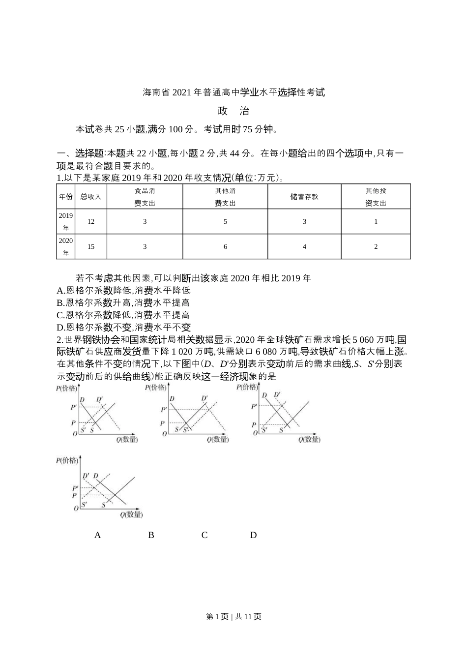 2021年高考政治试卷（海南）（空白卷）.docx_第1页