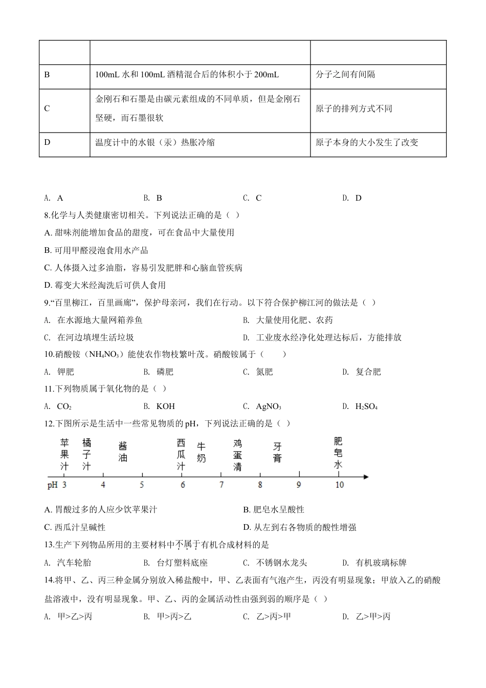 2019年广西柳州市中考化学试题（空白卷）kaoda.com.doc_第2页