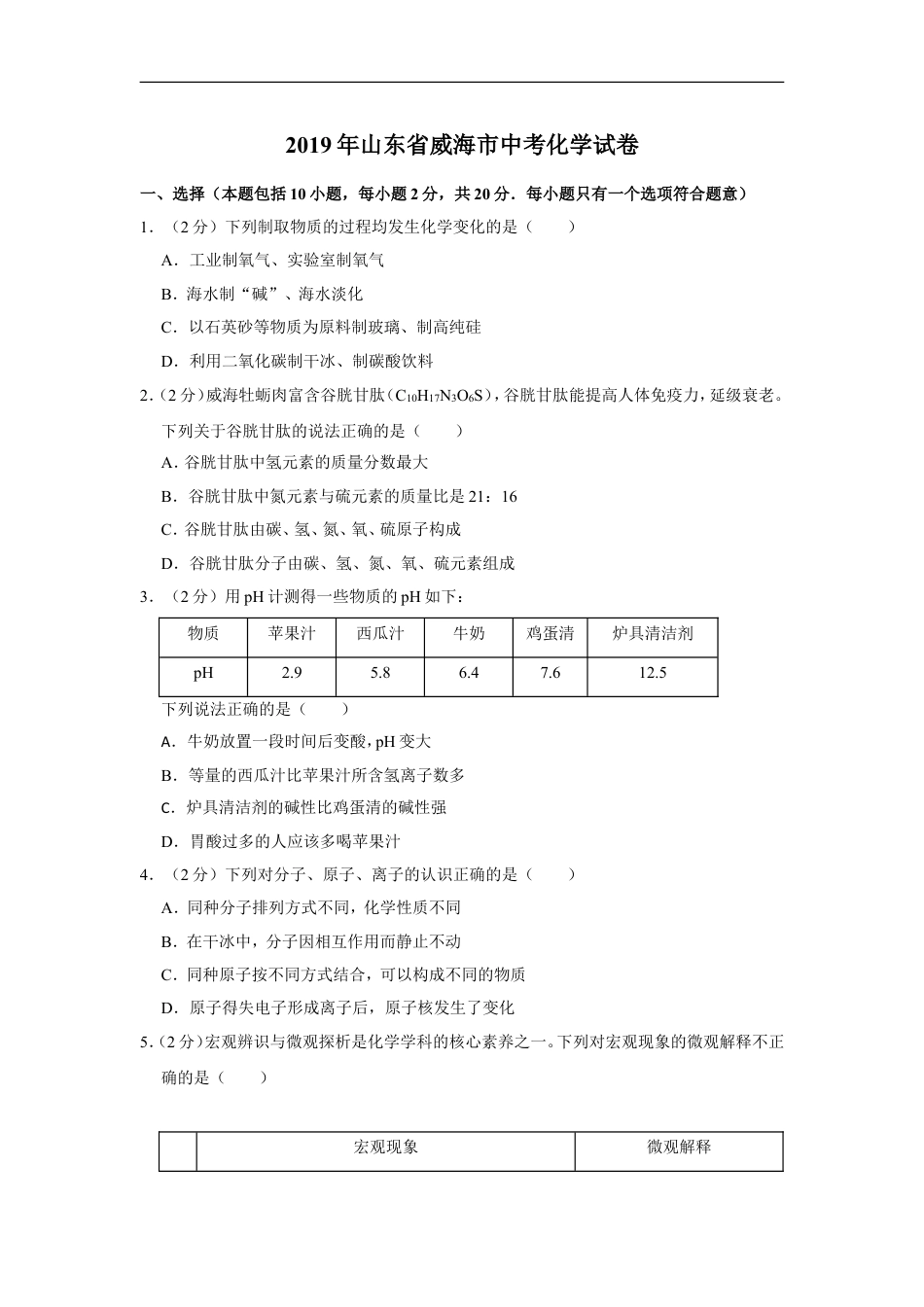 2019年山东省威海市中考化学试卷（含解析版）kaoda.com.doc_第1页