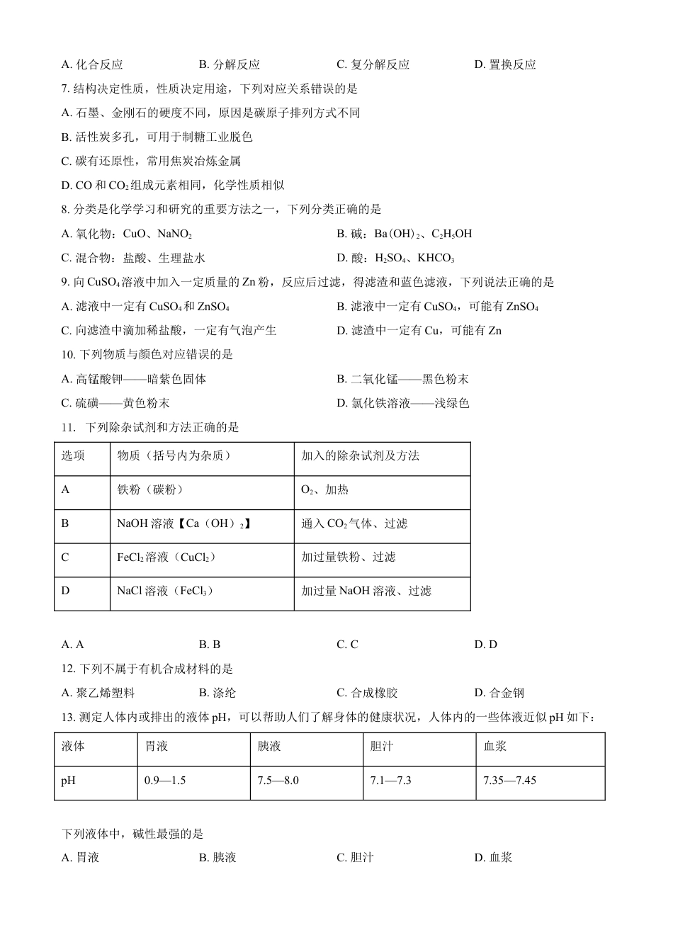 2021年湖南省郴州市中考化学试题 (原卷版)kaoda.com.doc_第2页